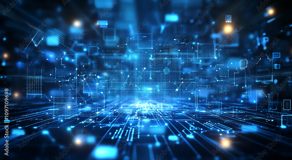 Poster Digital landscape with interconnected data streams illuminated in blue tones reflecting technological advancement