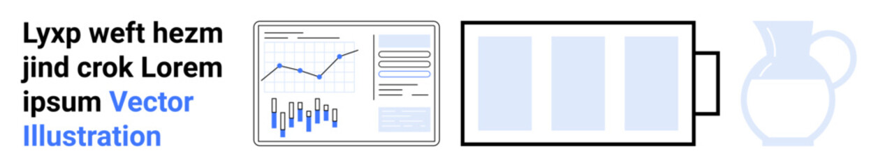 Business data chart, battery icon, water pitcher. Ideal for business reports, presentations, energy management, hydration topics, statistical analysis, and sustainability themes. Landing page