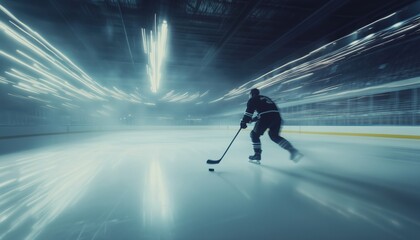 Professional Ice Hockey Player Shooting Puck In Arena: Emphasizing 3d Flying Puck And Blur Motion....