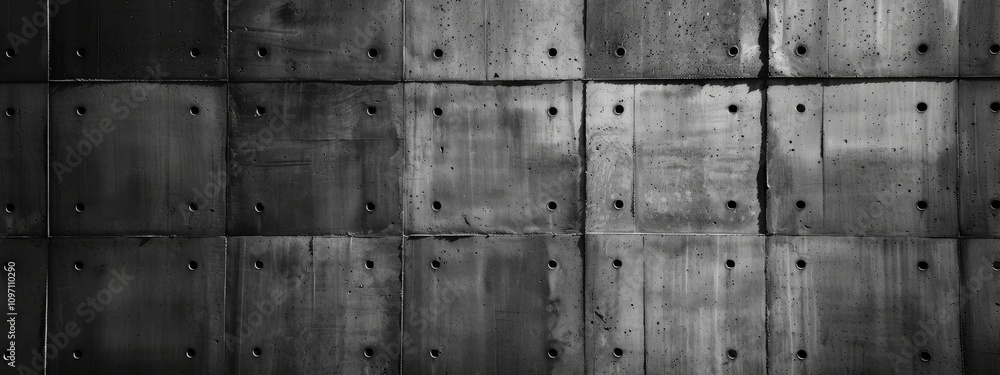 Poster concrete wall with square panels and round holes. concept of industrial design and architecture. for