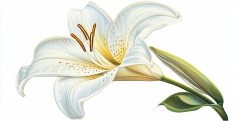 White lily flower with delicate petals and green leaves