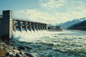Staudamm mit Wasserfall unter wolkigem Himmel


