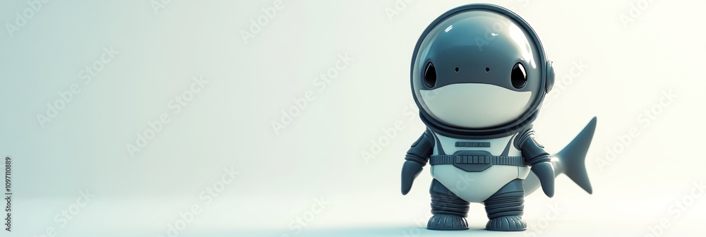 Poster a cute astronaut shark character in a space suit, designed for playful and imaginative themes.