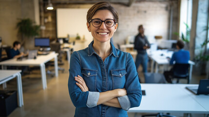 business woman in blue jeans shirt standing in an office smiling into the camera with arms crossed