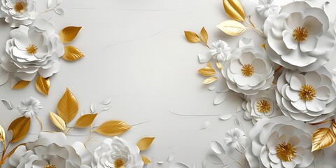 3d render, abstract background with white paper flowers and golden leaves, floral botanical wallpaper