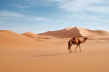 Camel walking across the desert dunes under a clear blue sky in a serene landscape