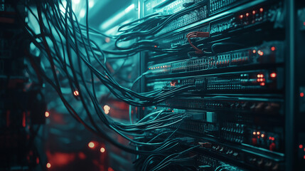 server room in a data center with lots of computers and cables