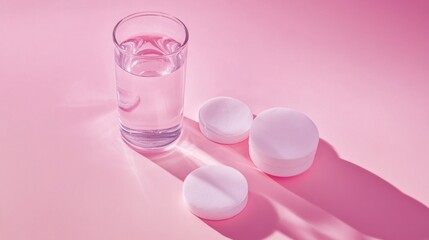 Pink background with water glass and cosmetic sponges