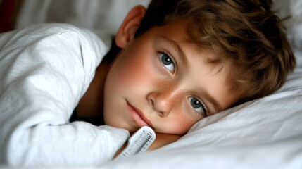 Sick Child Resting in Bed with Thermometer