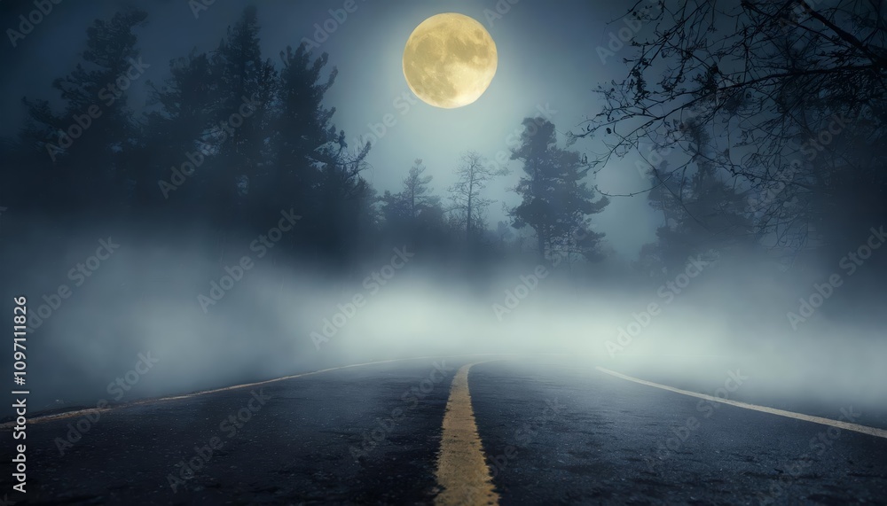 Poster mystical foggy forest scene illuminated by moonlight with abstract bokeh reflections on asphalt: eer