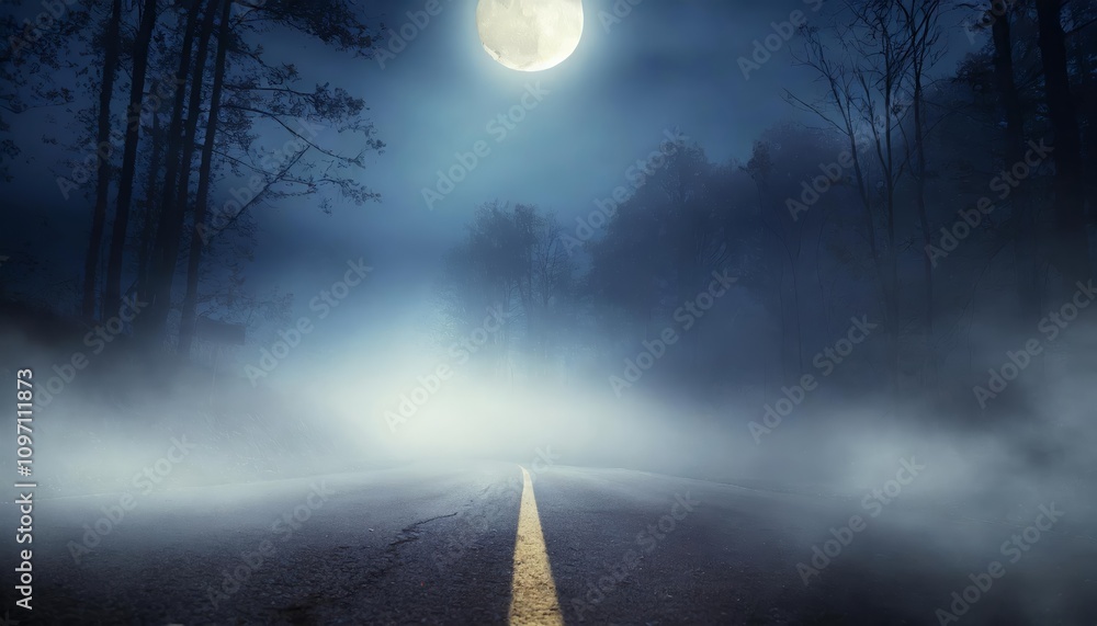 Poster mysterious fog and eerie moonlight in a spooky forest setting on asphalt path - abstract bokeh artwo