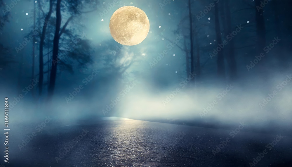 Poster mysterious fog in spooky forest illuminated by moonlight on wet asphalt with abstract bokeh lights c