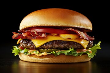 Juicy cheeseburger topped with crispy bacon and fresh lettuce on a sesame seed bun