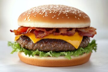 Juicy cheeseburger topped with crispy bacon and fresh lettuce on a sesame seed bun