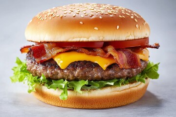 Juicy cheeseburger topped with crispy bacon and fresh lettuce on a sesame seed bun
