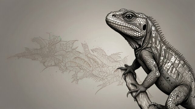 Detailed monochrome illustration of a lizard perched on a branch, with an abstract background of smaller lizard-like forms.