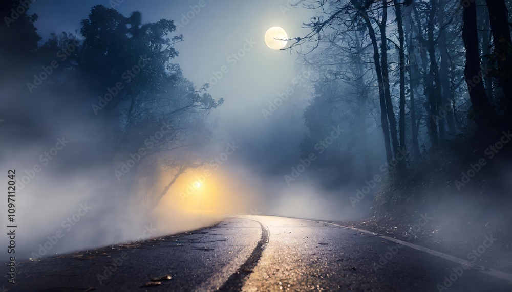 Poster ethereal fog in a mysterious forest illuminated by moonlight, casting shadows on asphalt with abstra