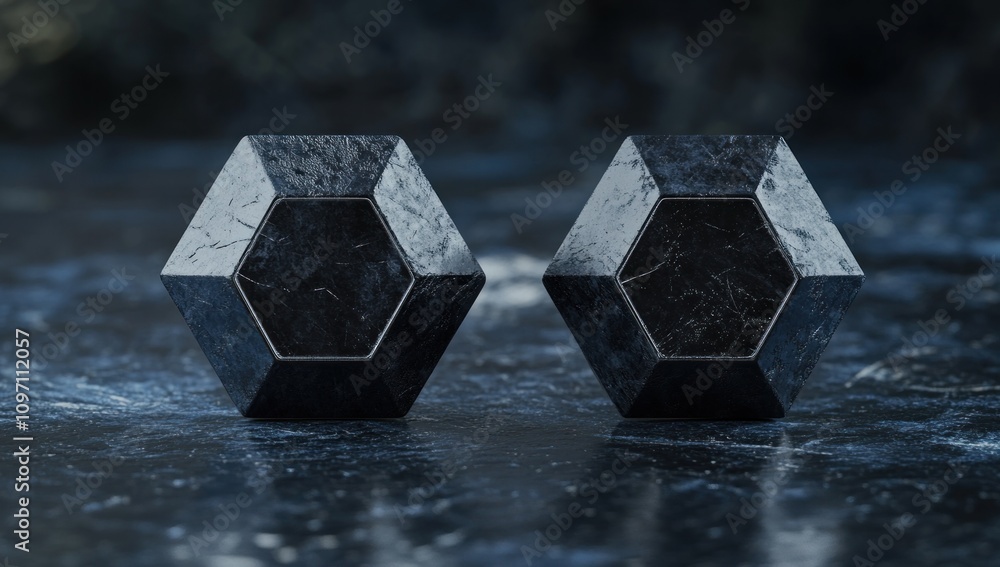 Leinwandbilder two hexagonal shapes with a dark metallic finish on a textured surface.