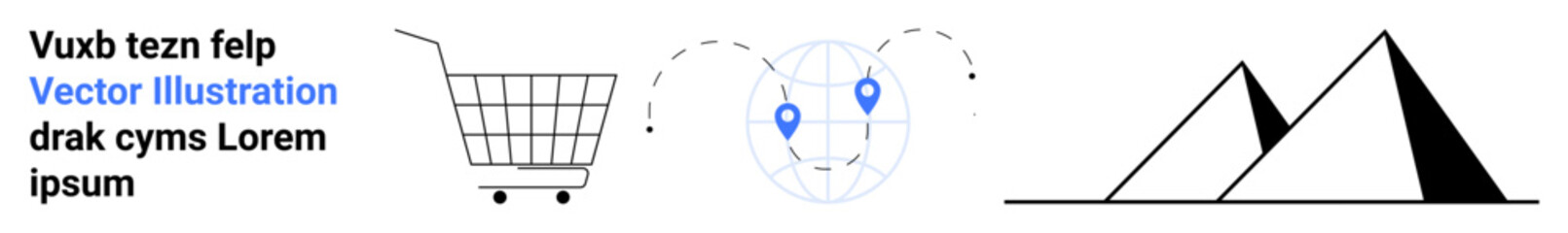 Shopping cart, globe with location icons, pyramids, and placeholder text. Ideal for e-commerce, mapping, travel, global connections, digital services, marketing, education. Banner for landing page