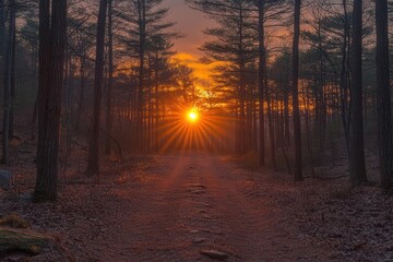 Obraz premium serene sunrise illuminating the forest, casting warm golden light through trees and creating a tranquil atmosphere infused with natural beauty and peacefulness