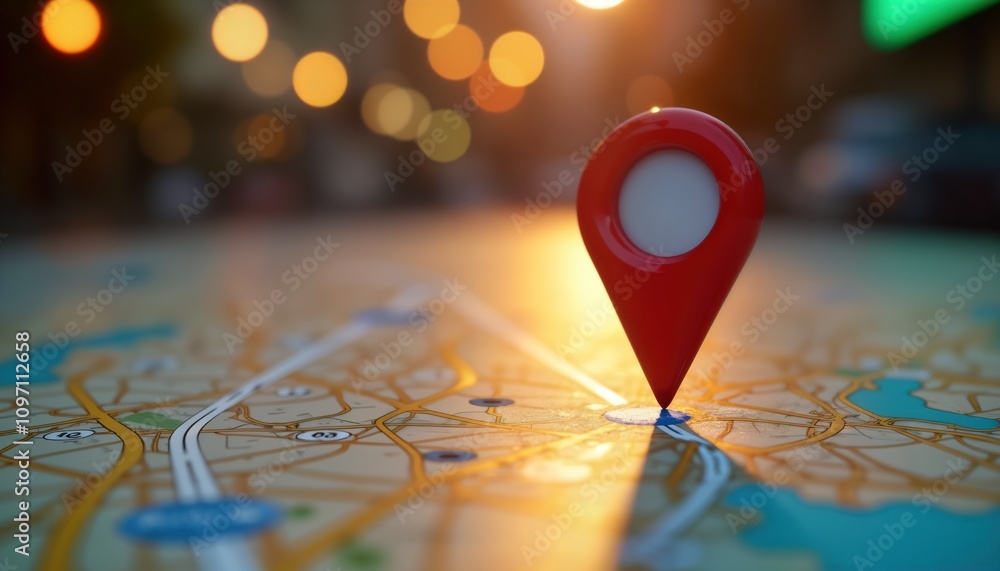Aufkleber Red map pin marks route location. GPS navigation pointer on city street map. Travel app concept. Find trip destination. Global positioning system. Road map guide.