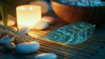 Decorative arrangement of natural elements with candlelight and textured surfaces