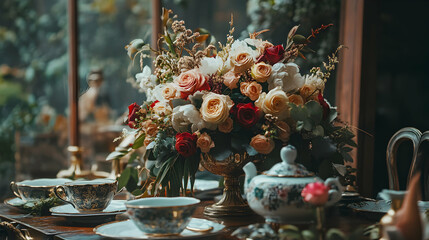 Fototapeta premium Afternoon Tea Party Table with Floral Arrangement.illustration