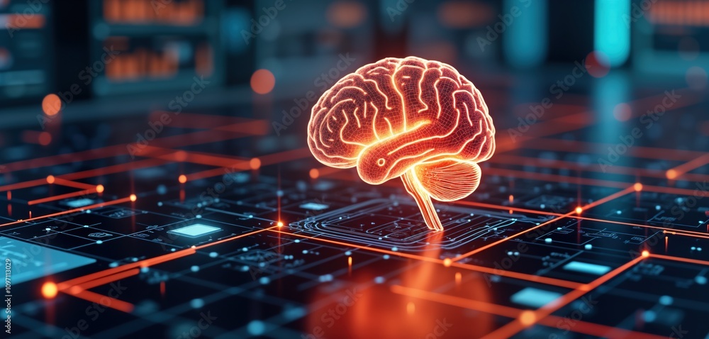 Poster Digital brain model on circuit board. Brain scan data analysis. Neural network research. Medical tech. Healthcare innovation. Human brain mapping. AI, medicine. Neurology study. Advanced MRI. Digital
