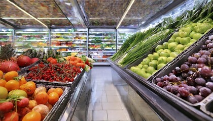 A vibrant selection of fresh fruits and vegetables neatly arranged on the refrigerated shelf of a modern supermarket, showcasing a variety of colorful and healthy produce options for