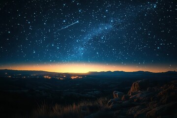 Fototapeta premium shooting stars streak across a vast, star-studded night sky, illuminating the darkness with ethereal beauty, creating a magical and serene atmosphere