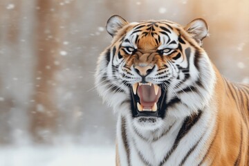 Fototapeta premium Majestic tiger displaying powerful roar in snowy landscape during winter season