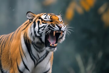 Obraz premium Majestic tiger displaying powerful roar in snowy landscape during winter season