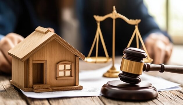 Lawyer Working At Desk With Scales Of Justice, Gavel, And Toy House, Handling Documents, And Executing Contracts. Real Estate Law Expertise And Foreclosed Properties Services.