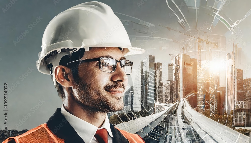 Poster cutting-edge future building construction engineering project visualized with innovative double expo