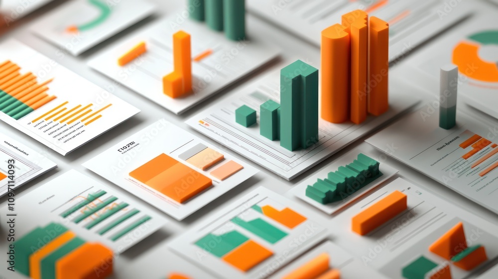 Poster a collection of colorful data visualizations and graphs for analysis and presentation.