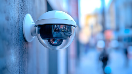 Close-up of a modern CCTV security camera mounted on a wall, capturing a busy urban street in soft focus. The sleek dome design and blurred background highlight advanced surveillance technology