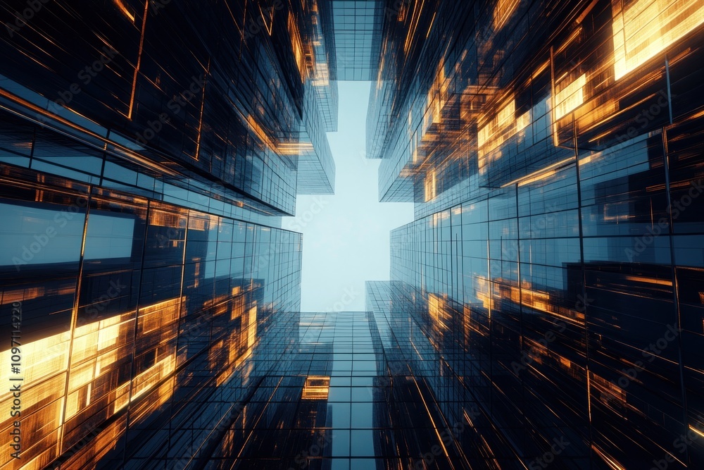 Poster A futuristic view of skyscrapers with glowing elements, creating a dynamic urban atmosphere.