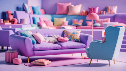 Fototapeta premium Soft and pastel-themed living room with lavender sofa colorful cushions light blue armchair pink floor lamp and minimalist furniture elements.