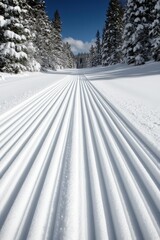 Snow-covered trail in a winter forest under clear blue sky
