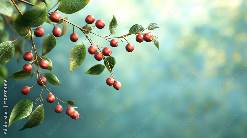 Poster Close-up of a branch with red berries and green leaves, creating a vibrant contrast against a soft-focused background