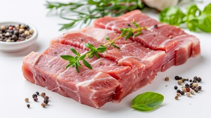 Fototapeta premium Slices of raw meat rest on a white surface, garnished with herbs. Concept food preparation and freshness. For recipe blogs or cooking magazines.