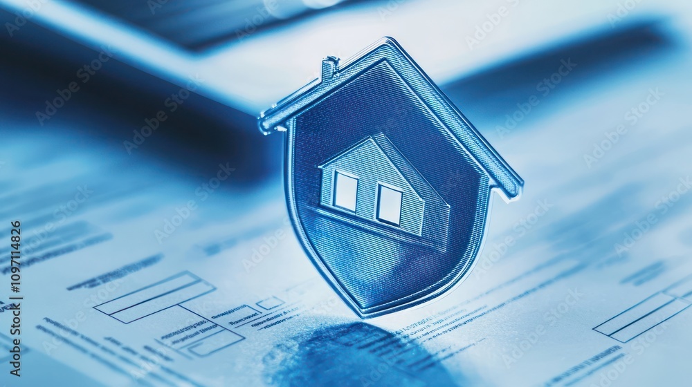 Poster a document with a house icon and a shield stamped on it, representing property insurance coverage.