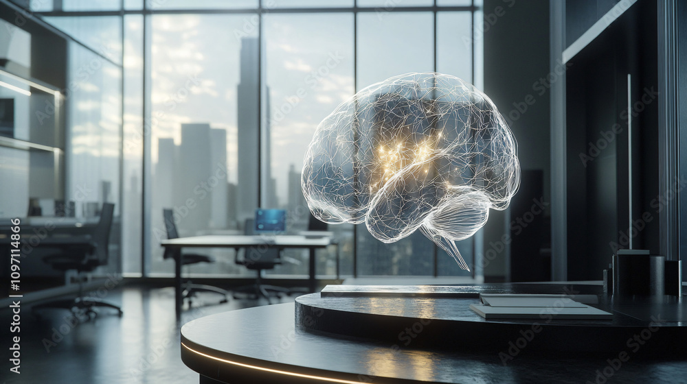Poster hologram of a human brain glowing, representing artificial intelligence in a modern office with a la