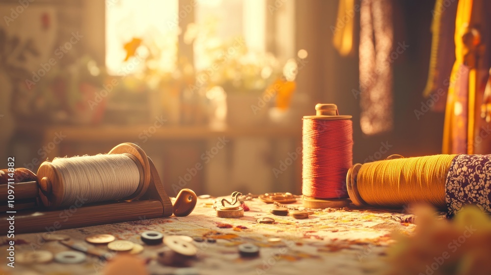 Poster Sunlit Sewing Studio With Spools Of Thread And Buttons