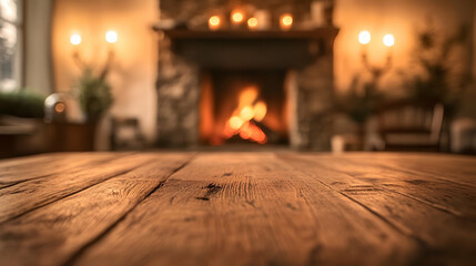 Empty Wooden Surface with Blurred Fireplace in Background.illustration