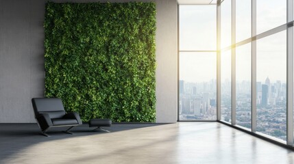 Fototapeta premium Modern Office with Panoramic City View and Green Wall