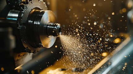 Precision CNC turning operation utilizing advanced machinery to shape metal components. The process involves the use of cutting tools that create a controlled spray of coolant to ensure accuracy