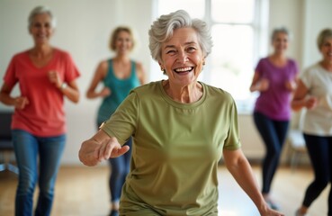 Active senior women group fitness class. Happy mature lady smiles. Older females enjoy exercise. Healthy lifestyle. Wellness center activity. People workout. Active aging.