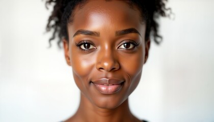 Naklejka premium Close up woman face portrait. Mixed race female model. Neutral expression. Beauty skin care. Clean fresh face. Health cosmetic. Studio shot. Fashion make up. People closeup.