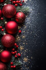 Beautiful festive decorations on the Christmas tree. Close-up. Beautiful Christmas background